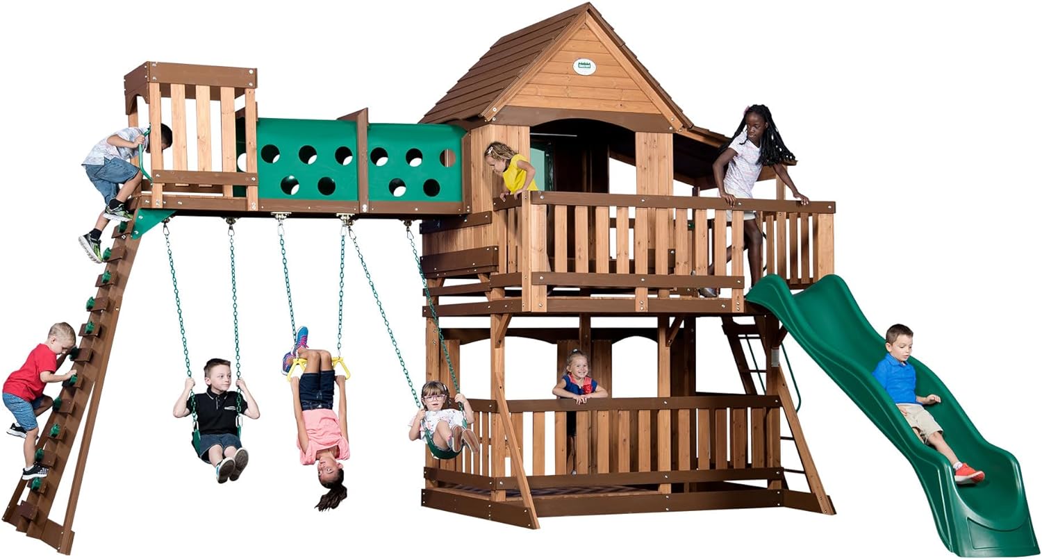 Backyard Discovery Woodridge Elite All Cedar Wood Swing Set, Upper and Lower Deck, Sandbox, Vented Tunnel, Rock Climbing Wall, Coated Rope Belted Swings, Acrobat Bar, Bench Seating, 10 ft Slide