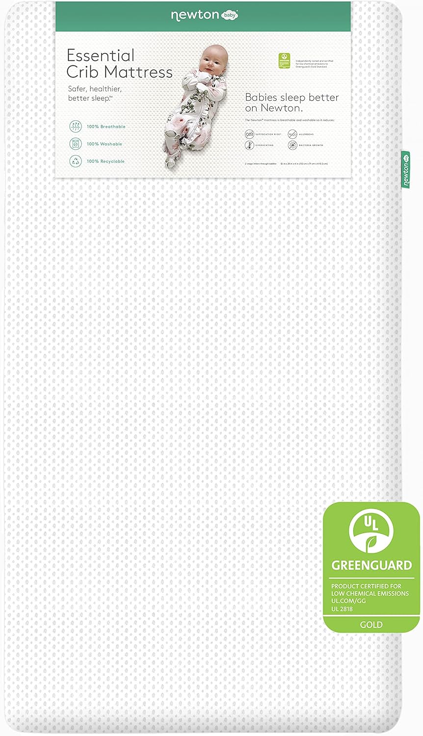 Newton Baby Essential Crib Mattress | Baby Mattress for Crib, Dual-Layer, Safe, 100% Breathable &amp; Machine Washable Infant Crib Mattress, Removable Cover, Thick Cushion, White