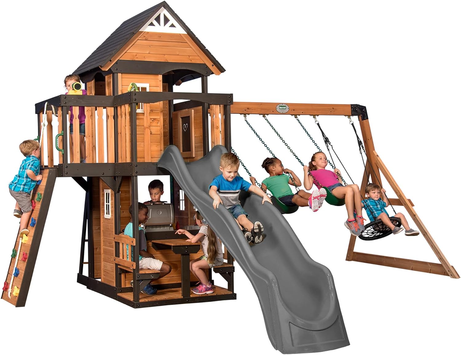 Backyard Discovery Canyon Creek All Cedar Wood Swing Set w/Grey Wave Slide, Playhouse w/Grill, Plastic Food, Picnic Area, Steering Wheel, Two Belt Swings, Rock Climbing Wall, Balcony, Deck, Web Swing