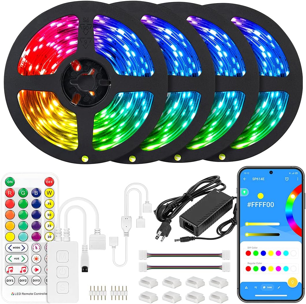 BTF-LIGHTING RGBW Bluetooth Music APP 65.6FT LED Strip Lights RGB+ Warm White 3000K 4 Colors in 1 LED Color Changing Lights Strip for Bedroom, Desk, Home Decoration, with Remote and 12V Power Supply