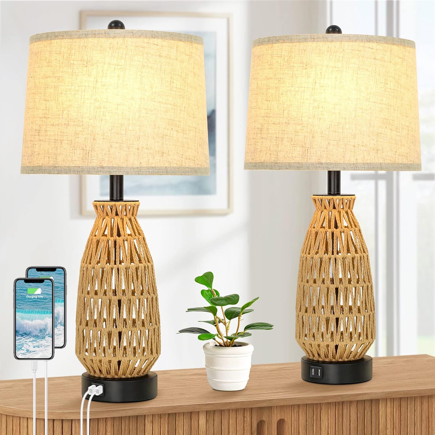 Set of 2 Rattan Table Lamps with 2 USB Ports, Coastal Woven Bedside Lamps 26’’ Tall, Farmhouse Nightstand Lamp with Rotary Switch and Cream Fabric Shade, Modern Desk Lamps for Living Room Bedroom Dorm
