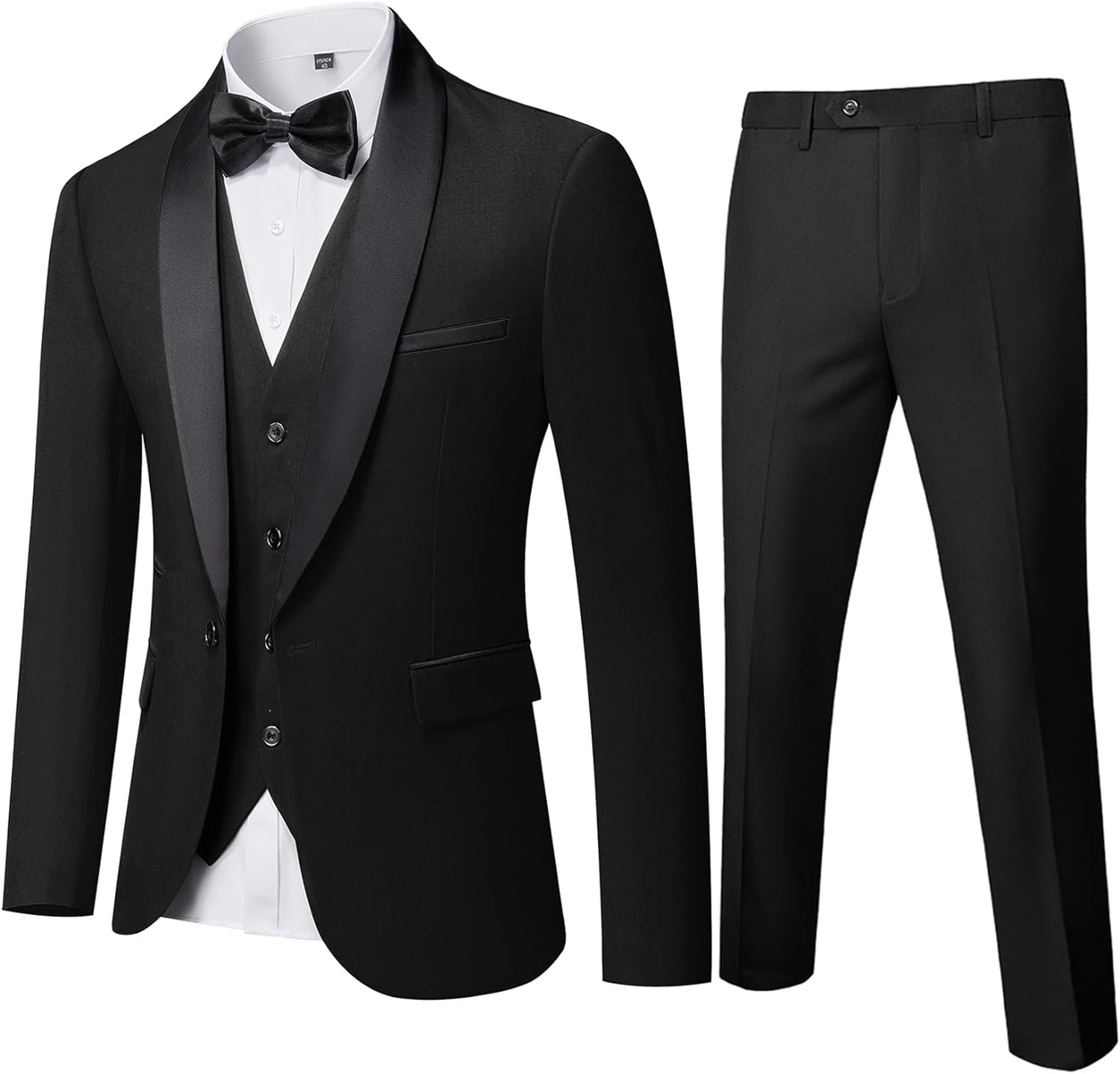 YND Men's 3 Piece Slim Fit Tuxedo Set, One Button Shawl Collar Solid Jacket Vest Pants with Bow Tie