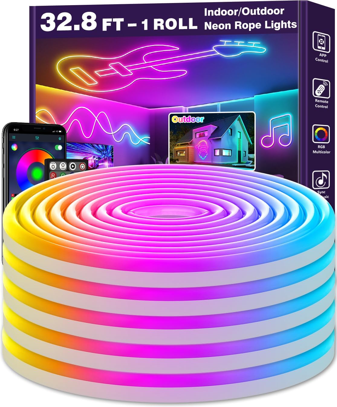 32.8Ft Led Neon Rope Lights,Control with App/Remote,Flexible Led Rope Lights,Multiple Modes,IP68 Outdoor RGB Neon Lights Waterproof,Music Sync Gaming Led Neon Strip Lights for Bedroom Indoor