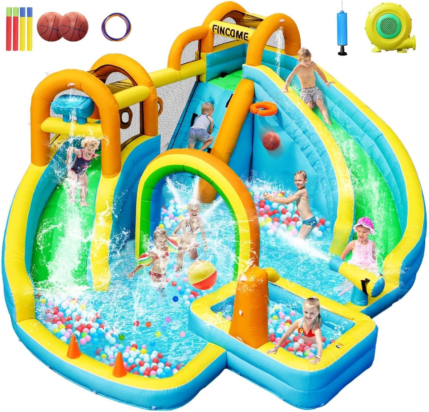 Inflatable Water Slide, Bounce House with 2 Slide for Kids, Inflatable Waterslide Park with Splash Pool, Basketball Hoop, Ball Shooting &amp; Water Cannon for Backyard, Outdoor, Indoor