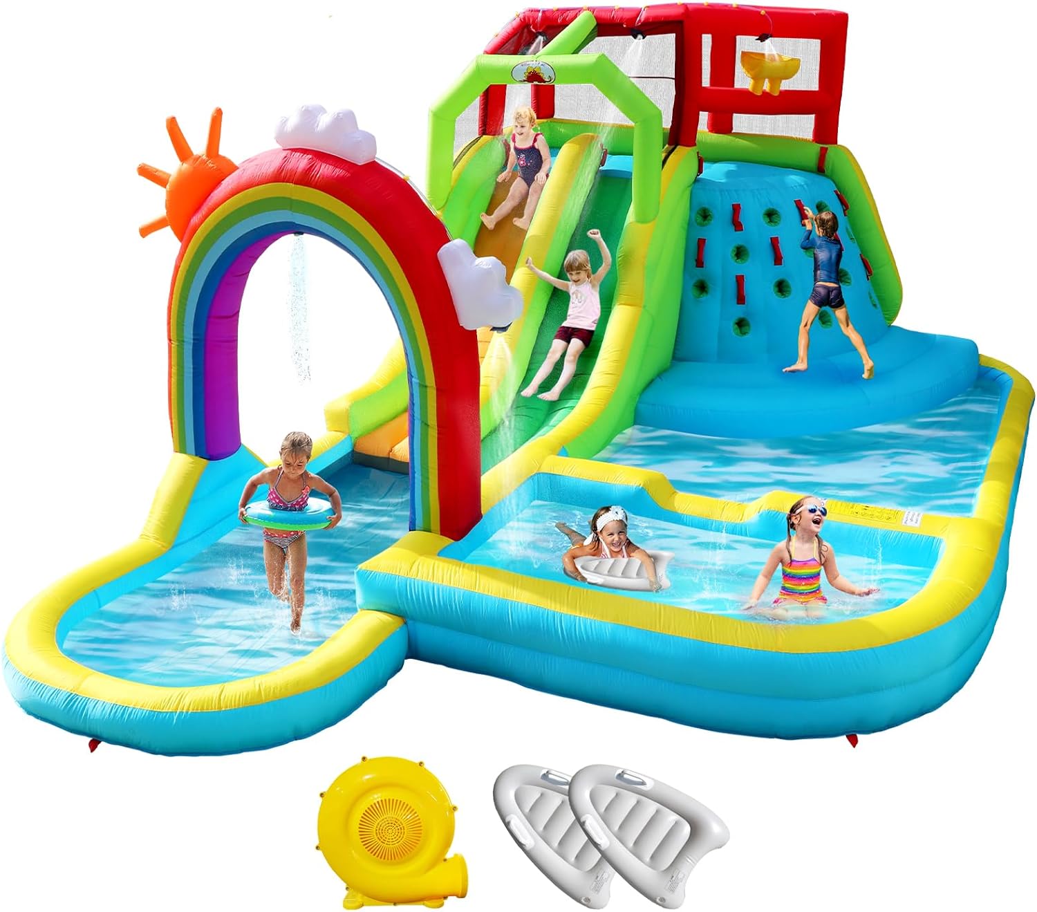 Inflatable Water Double Slides Park with Blower, Bouncy Castle with Rainbow Water Curtain, with Shooting and Rock Climbing