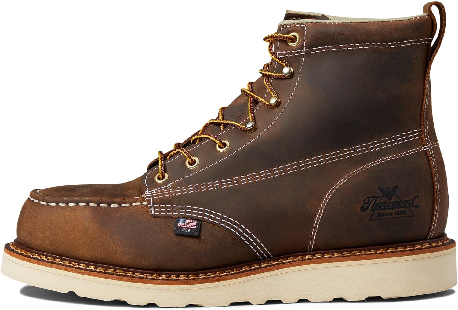 Thorogood American Heritage 6” Steel Toe Work Boots for Men - Full-Grain Leather with Moc Toe, Slip-Resistant Wedge Outsole, and Comfort Insole; EH Rated