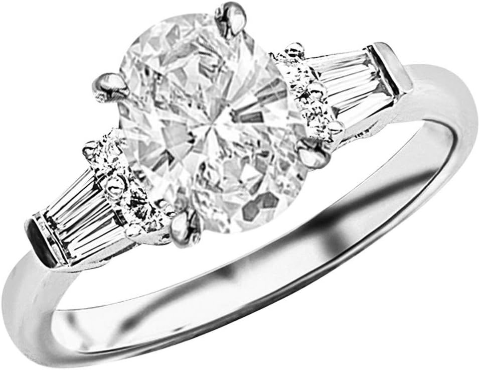 14K White Gold 3 Carat LAB GROWN DIAMOND Prong Set Round And Baguette Oval Cut Diamond Engagement Ring (G-H Color VS1-VS2 Clarity 2.5 Ct Center)