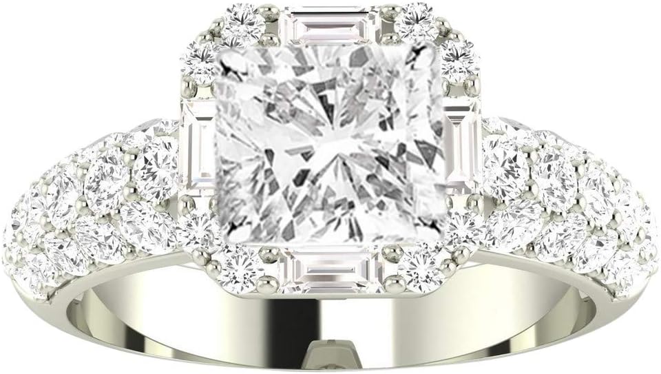 14K White Gold 1.75-2.25 Carat LAB GROWN DIAMOND Designer Popular Halo Style Baguette And Pave Set Round Cushion Cut Diamond Engagement Ring (G-H Color VS2-SI1 Clarity 1 Ct Center)