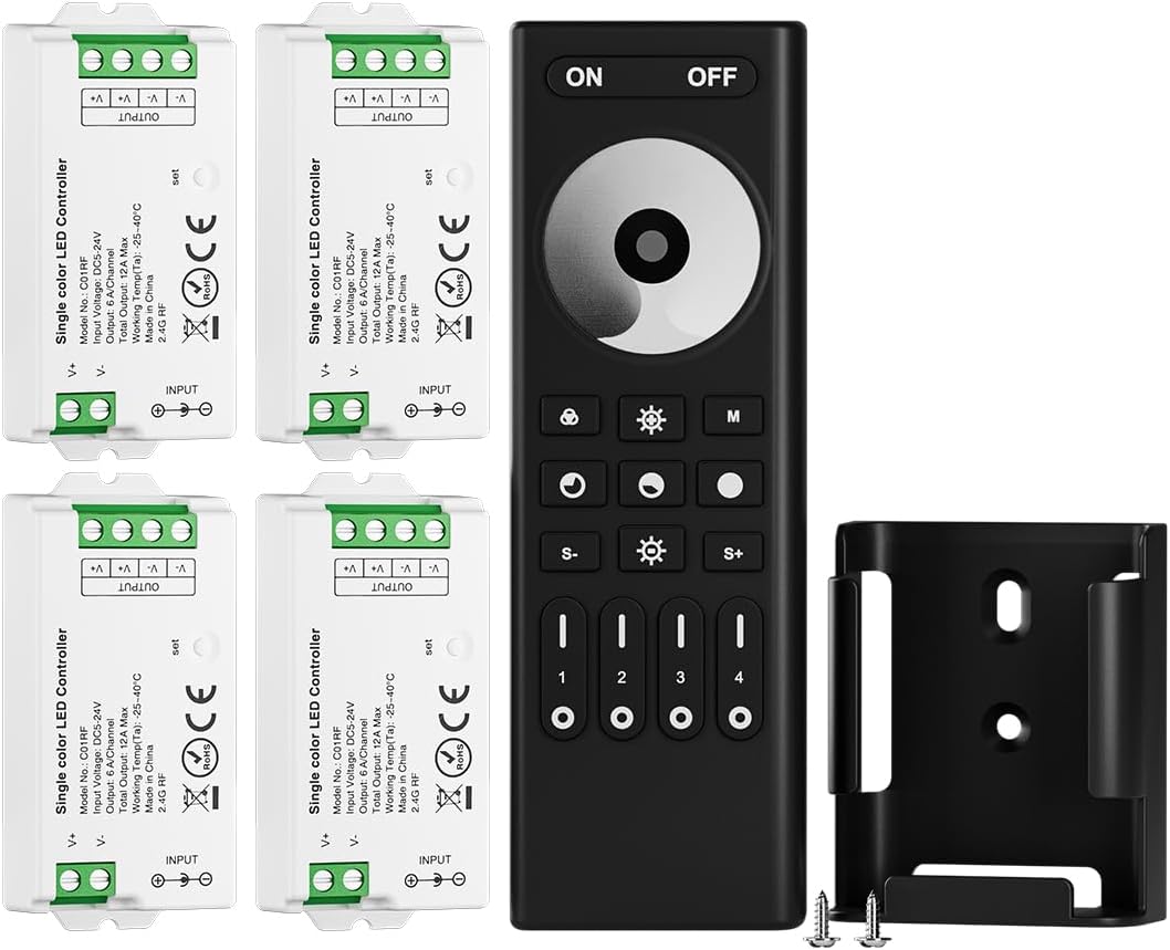 BTF-LIGHTING 5050SMD FCOB COB Dimming RF 2.4GHz Wireless Remote RC01RFB &amp;4PCS C01RF Tuya Controller Kit 4 Zones Group Control PWM Single Color (+V -V) 2pin LED Neon Rope Light DC5V DC12V DC24V