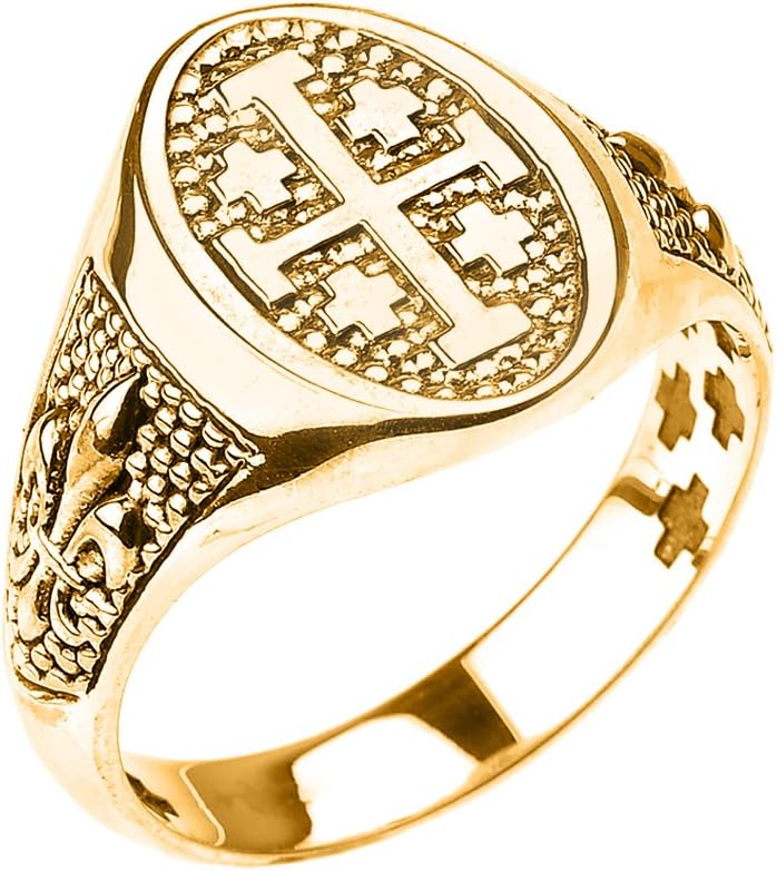 Religious Jewelry 14k Yellow Gold Jerusalem Cross Unisex Ring with Fleur De Lis