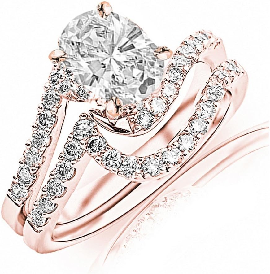 14K White Gold 1.5 Carat LAB GROWN DIAMOND Curving Pave &amp; Prong-set Round Oval Cut Diamond Engagement Ring and Wedding Band Set (G-H Color VS1-VS2 Clarity 0.75 Ct Center)