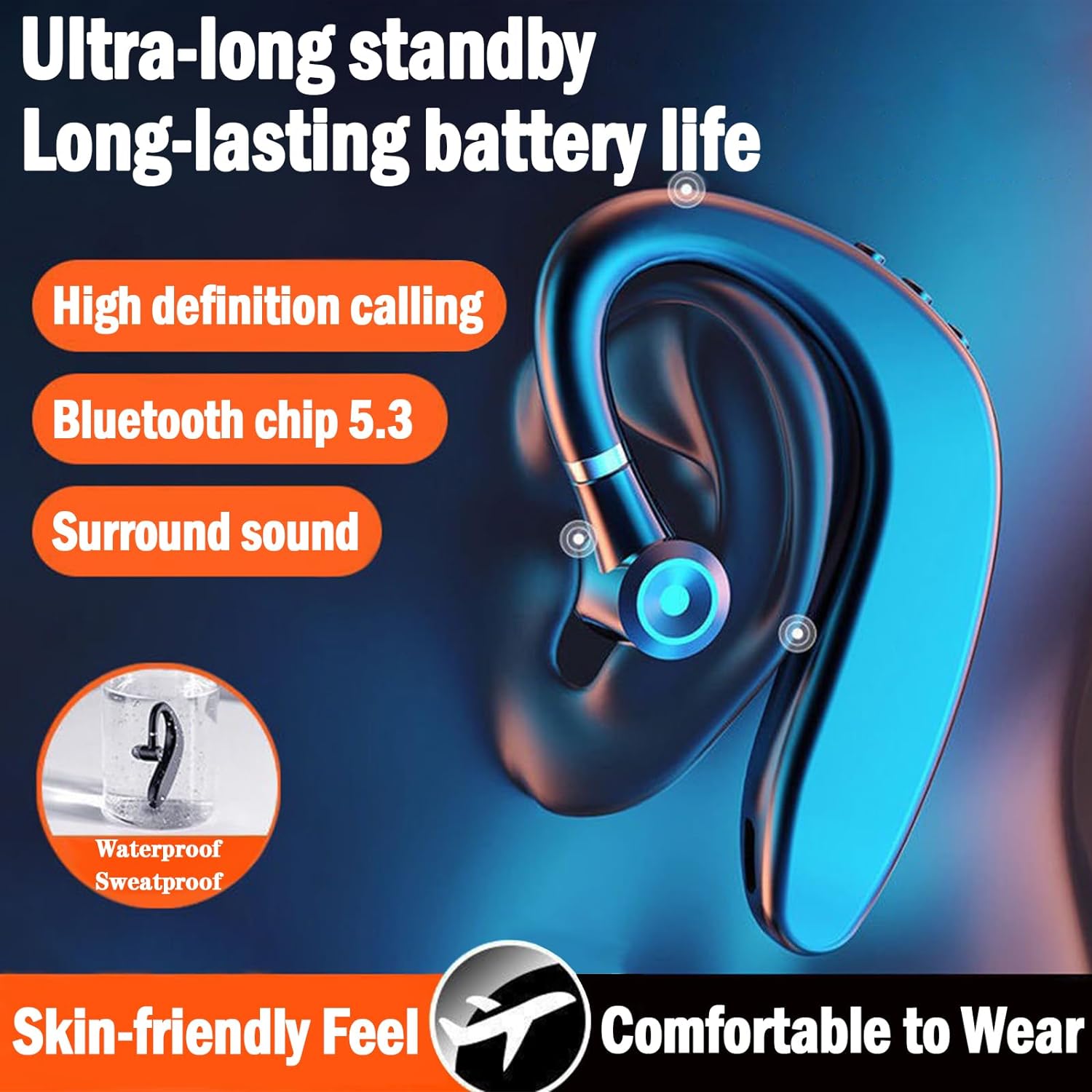 Wireless Bluetooth Headset, Lightweight Comfort Fit, Black