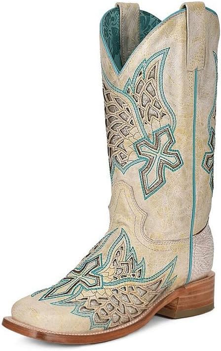 Women's Cross Western Boot Broad Square Toe White 8 1/2 M US