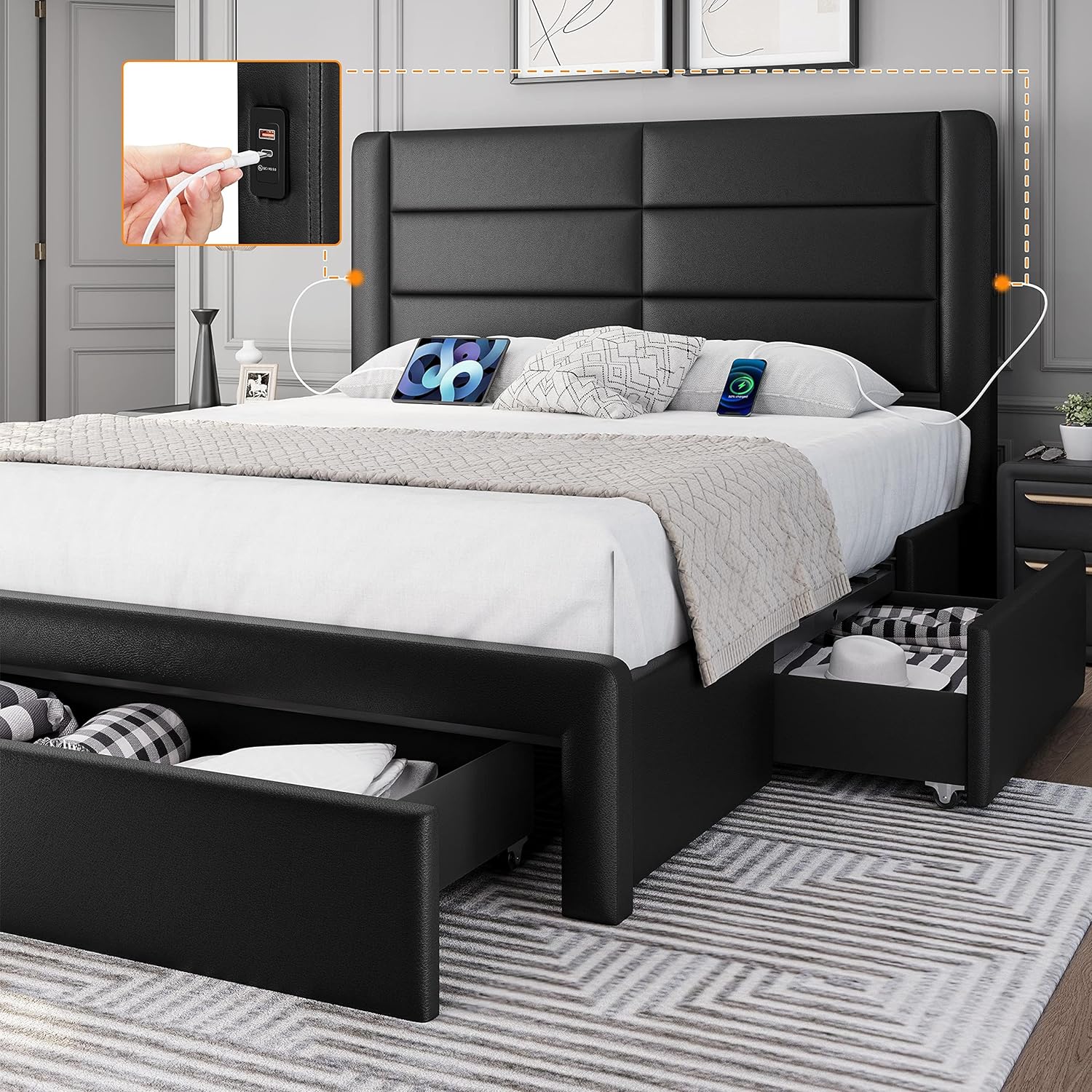 Yaheetech Queen Size Bed Frame Platform with 2 USB Charging Station/Port for Type A&amp;Type C/3 Storage Drawers, Leather Upholstered with Headboard/Solid Wood Slat Support/No Box Spring Needed/Black