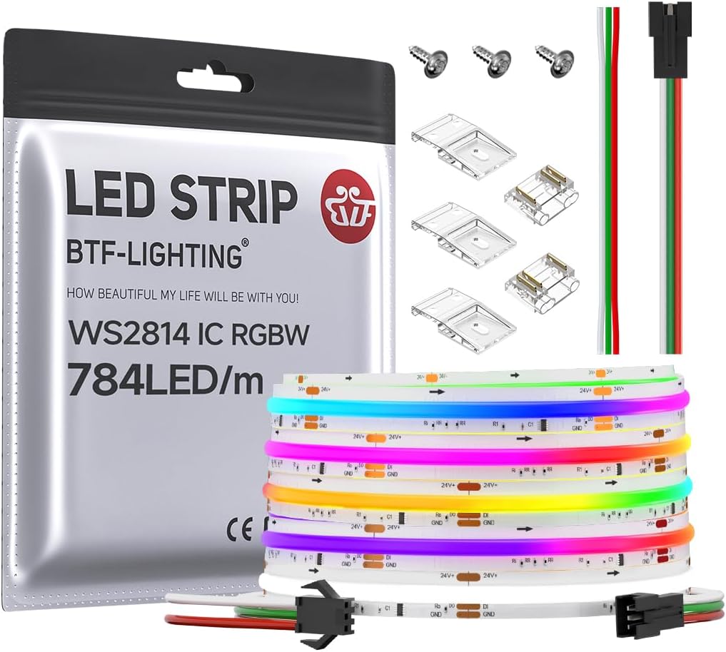 BTF-LIGHTING FCOB WS2814 IC RGBW 6000K COB LED Strip Flexible High Density Uniform Chasing Color Light 24FT DC24V 784LED/m 14IC/m 10mm Width Tape Light for Home Indoor Decor(No Adapter or Controller)