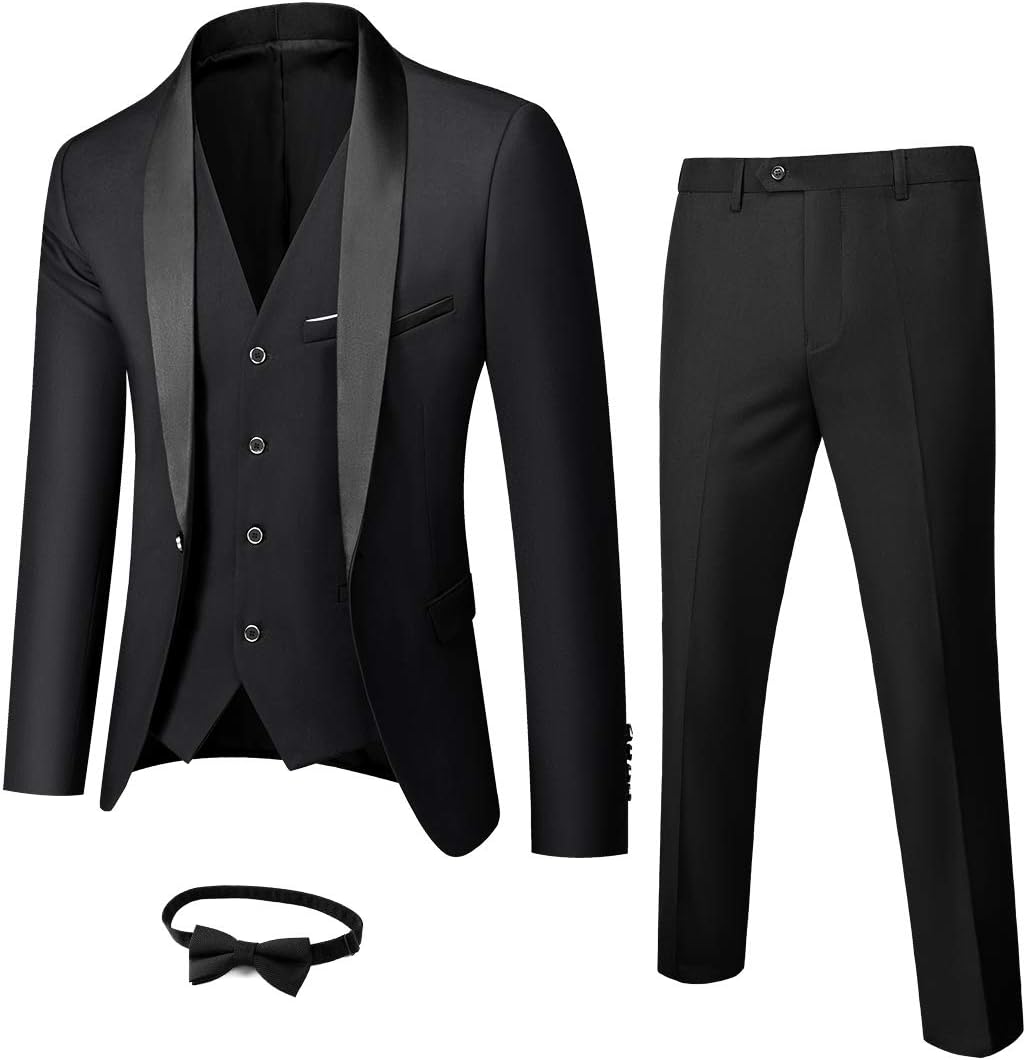 MY'S Mens 3-Piece Suit Shawl Lapel One Button Tuxedo Winter Fabric Slim Fit Premium Dinner Jacket Vest Pants &amp; Tie Set
