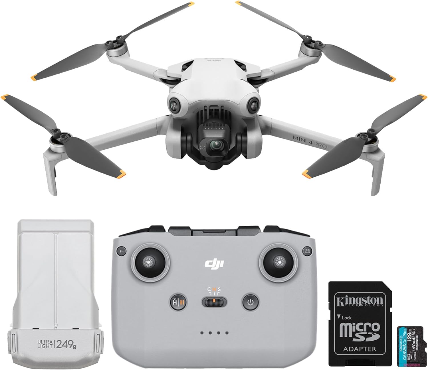 DJI Mini 4 Pro Quadcopter Drone with 128GB Card- Lightweight and Foldable Mini Camera Drone with 4K HDR Video, True Vertical Shooting, Obstacle Sensing and Intelligent Features (2 Items)