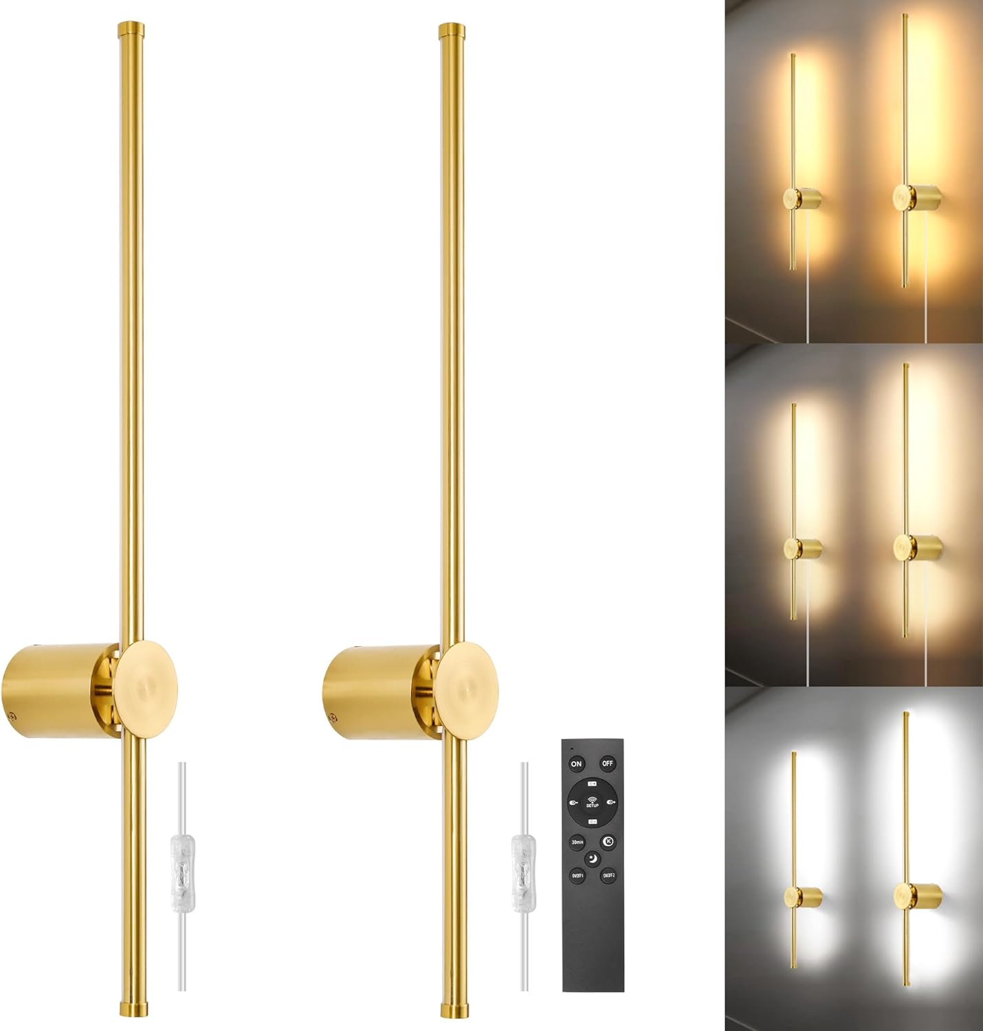 Wall Sconces Set of Two with Remote, Stepless Colors 3000K-6500K &amp; Stepless Dimming, Hardwire or Plug-in, 180° Rotate, LED Gold Plug in Wall Sconces with Timer &amp; Night Light, 23.6 Inches