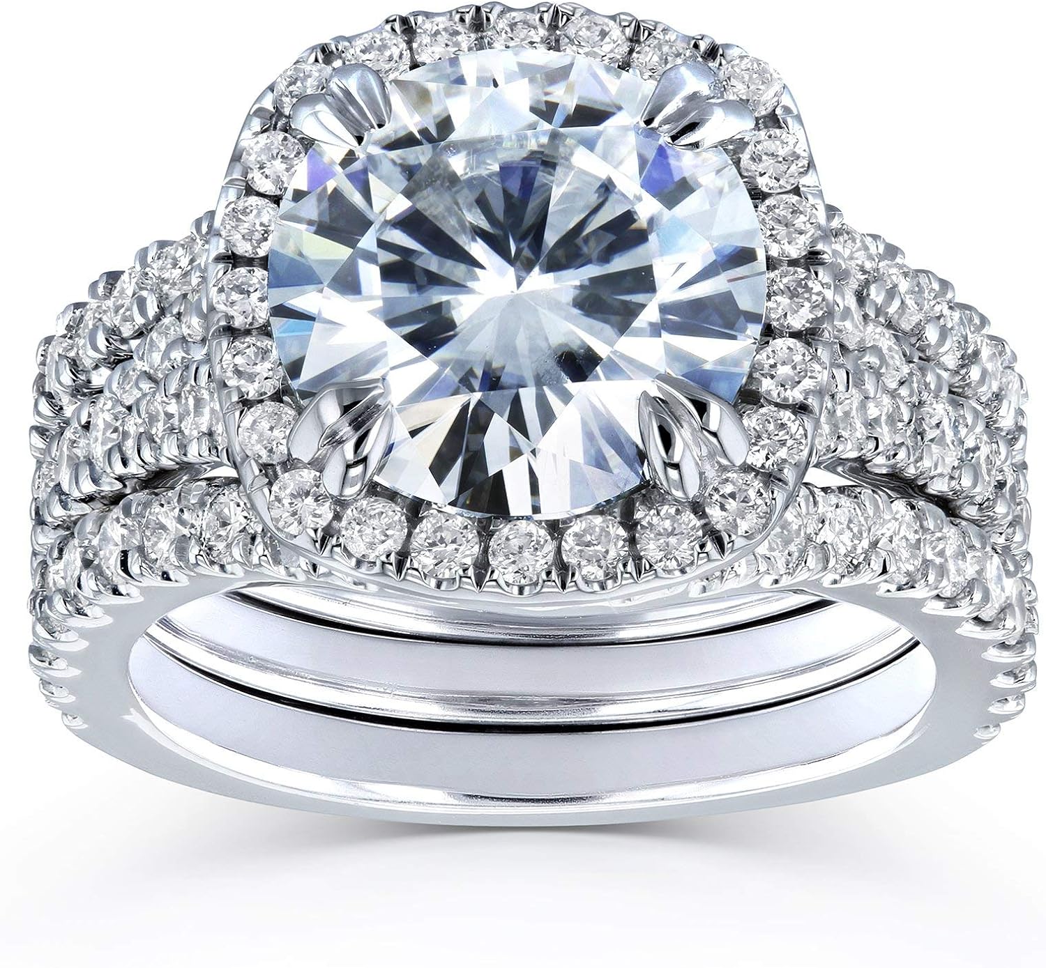 Kobelli Round Forever One D-F Moissanite Cushion Halo Bridal Wedding Set 4 1/3 CTW 14k White Gold 3 Piece Set