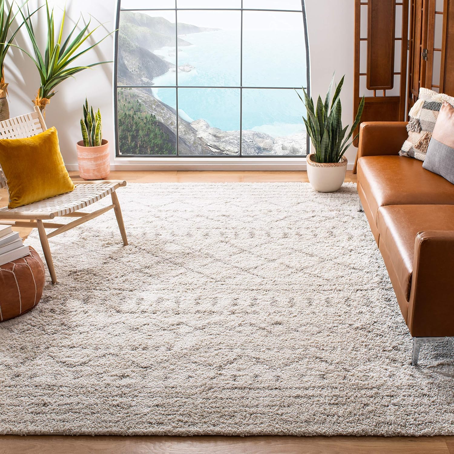SAFAVIEH Arizona Shag Collection Area Rug - 8' x 10', Ivory &amp; Beige, Moroccan Design, Non-Shedding &amp; Easy Care, 1.6-inch Thick Ideal for High Traffic Areas in Living Room, Bedroom (ASG741A)