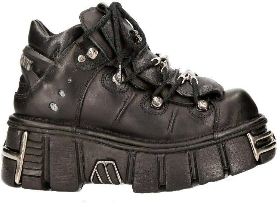 New Rock 106-S1 Unisex Metallic Black Gothic Classic Leather Biker Ankle Tower Boots