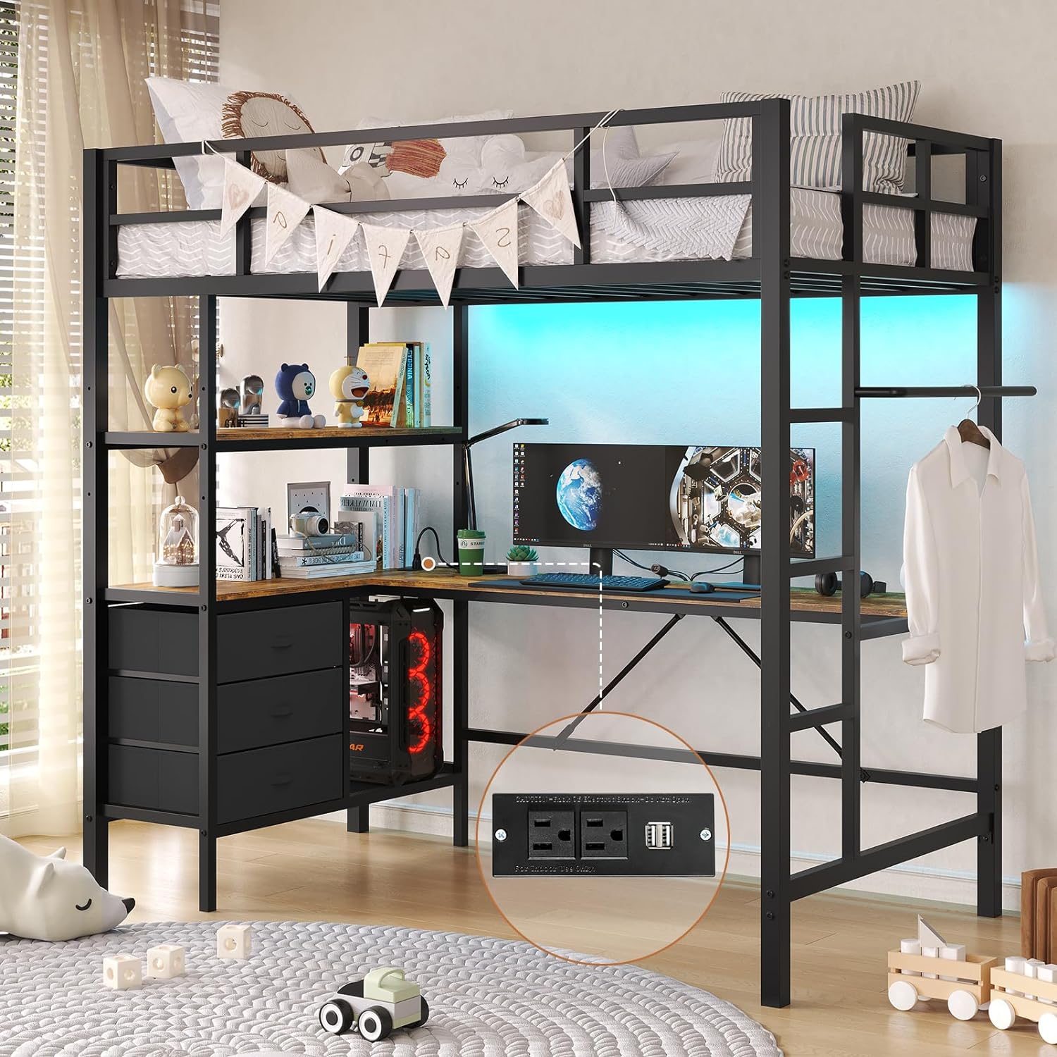 DICTAC Twin Metal Loft Bed with L-Shaped Desk, LED Lights,Charging Station LED Loft Bed Frame Twin Size with 3 Storage Shelves and 3 Fabric Drawers, Safety Guard &amp; Ladder, No Box Spring Needed, Bl
