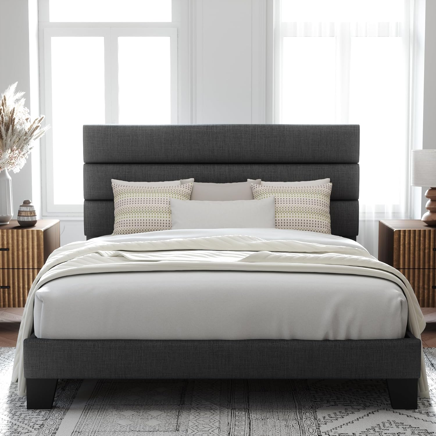 Allewie Queen Size Platform Bed Frame with Fabric Upholstered Headboard and Wooden Slats Support, Fully Upholstered Mattress Foundation/No Box Spring Needed/Easy Assembly, Dark Grey
