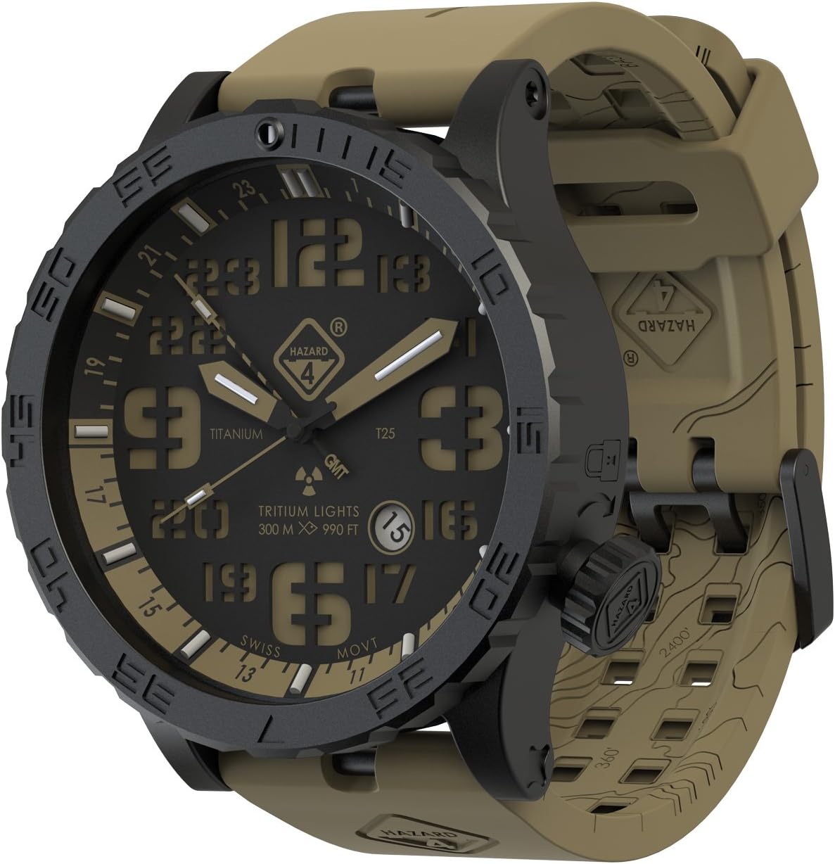 HAZARD 4 Heavy Water Diver(TM) Tritium Dive-Watch (R): GMT Earth, BLK PVD, BLK Dial/Earth Graphics - GGYG,Brown