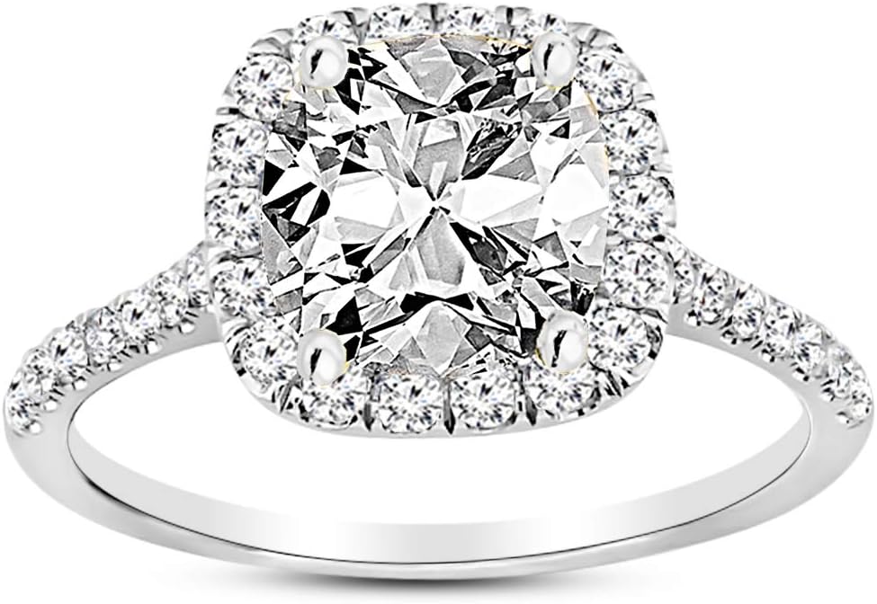 14K White Gold 3 Carat LAB GROWN DIAMOND Halo Cushion Cut Diamond Engagement Ring (G-H Color VS1-VS2 Clarity 2.5 Ct Center)