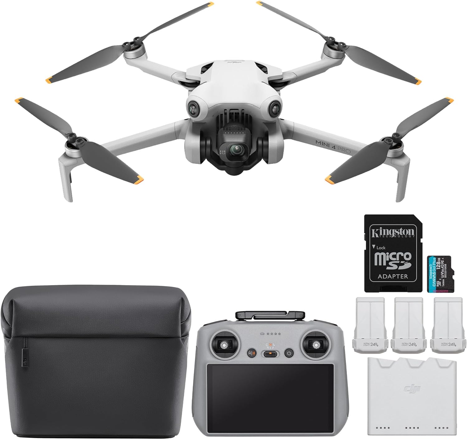 DJI Mini 4 Pro Quadcopter Drone Fly More Combo Plus with RC 2 Controller- 4K Ultra HD Video Capture - Intelligent Flight Modes for Aerial Enthusiasts Bundle with 128GB Memory Card (2 Items)