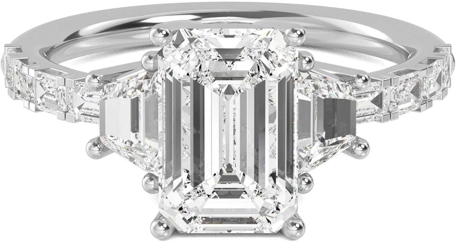1-5 Carat (ctw) White Gold Emerald,Trapezoid Cut LAB GROWN Diamond Three Stone Engagement Ring (Color D-E Clarity VS1-VS2)