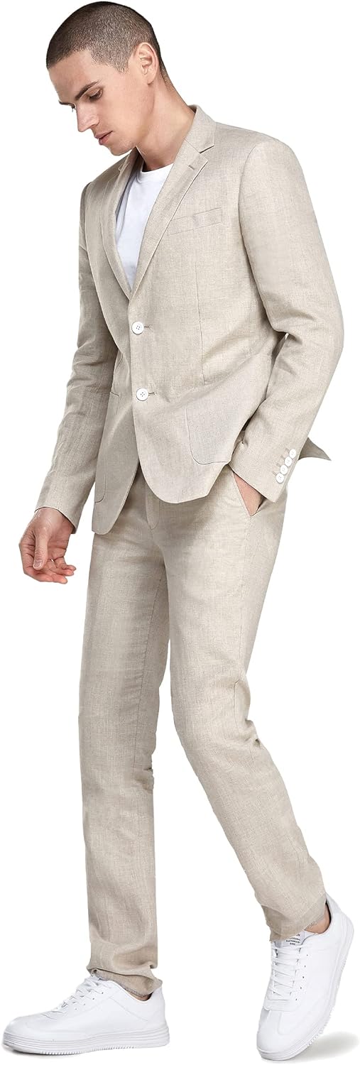 Men's 2 Piece 100% Linen Suit Two Buttons Suit Jacket Blazer &amp; Pants Solid Business Wedding Set