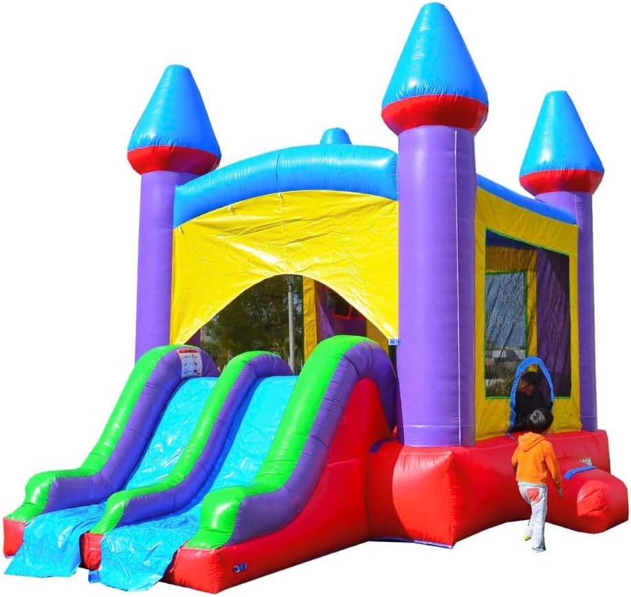 HeroKiddo Jelly Bean Castle Commercial Grade Bounce House with Dual Slide (with Blower), Kids and Adults, Basketball Hoop, Inflatable, Outdoor Indoor, Birthday Party Rental