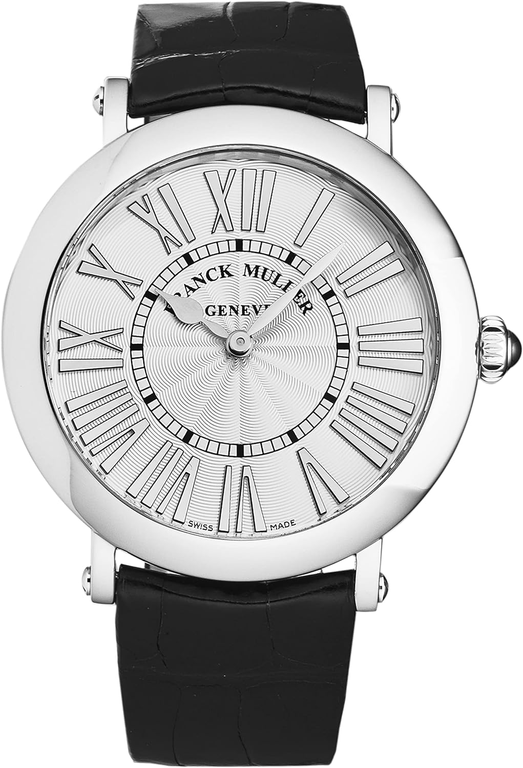 Franck Muller Womens 'Round' Silver Dial Black Leather Strap Swiss Quartz Watch 8038QZRELRACSIL