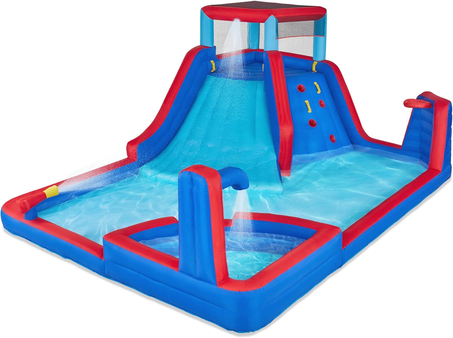 Sunny &amp; Fun Four Corner Inflatable Water Slide Park – Heavy-Duty for Outdoor Fun - Climbing Wall, Slide &amp; Deep Pool – Easy to Set Up &amp; Inflate with Included Air Pump &amp; Carrying Case