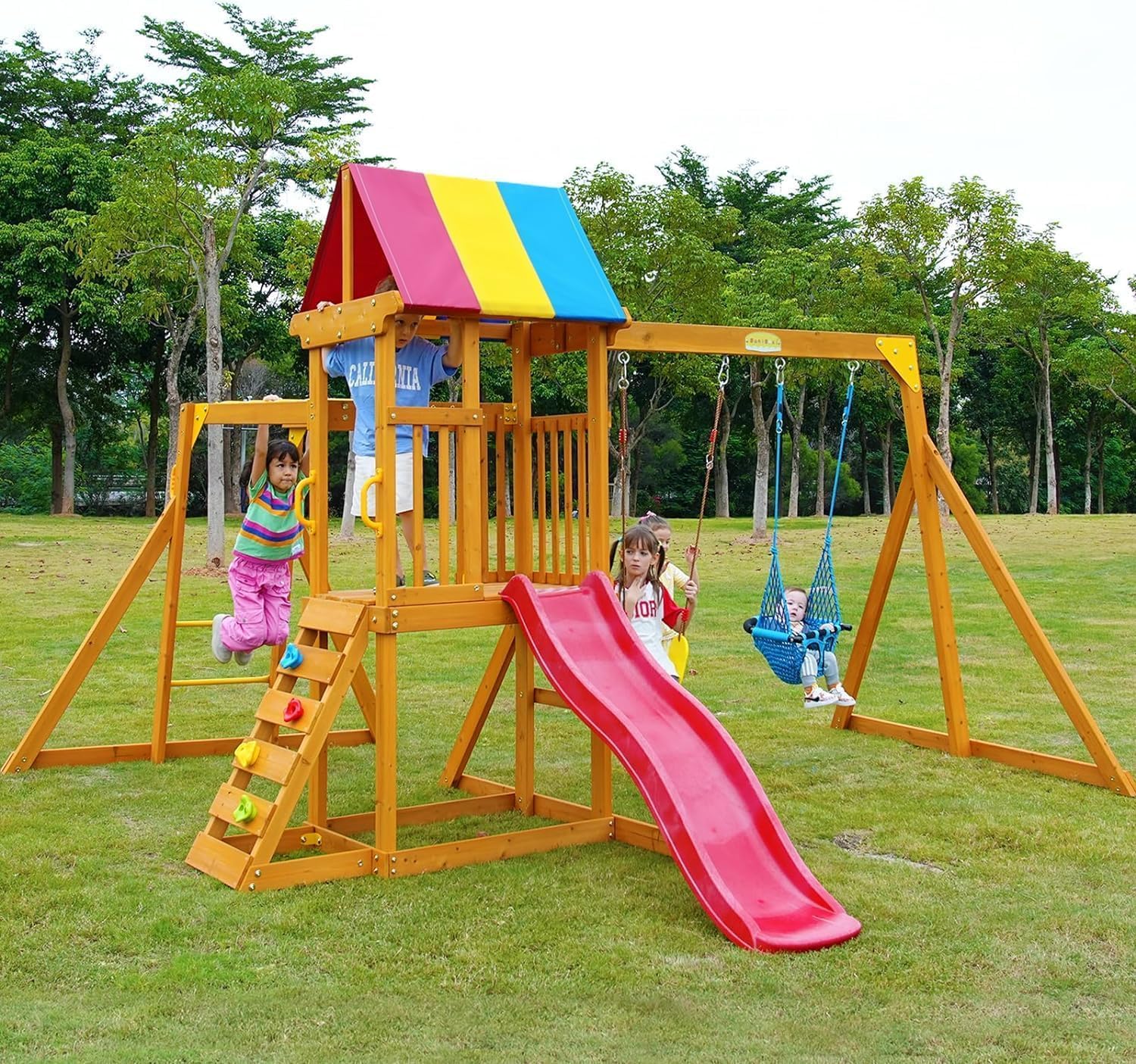 Wooden Swing Sets for Backyard, Playground Sets for Backyards with a Slide, Rock Climbing Wall, Sandbox, Colorful Shed Cloth, Monkey bar, and More - Outdoor Playset for Backyard 3-8 Year-Olds