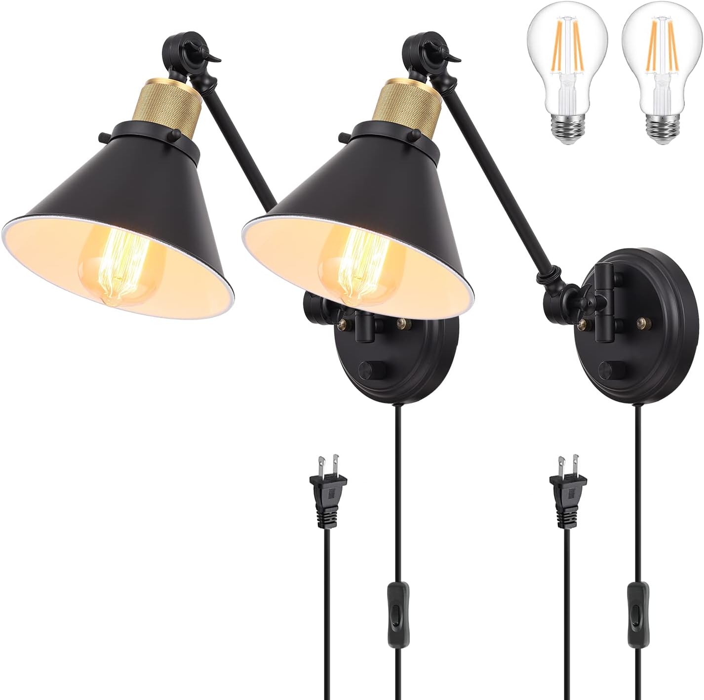 TRLIFE Wall Sconce Plug in, Dimmable Wall Sconces Swing Arm Wall Lights with Plug in Cord, Wall Mounted Light with Dimmer On/Off Knob Switch, UL Listed(2 Pack, 2 Bulbs Included)