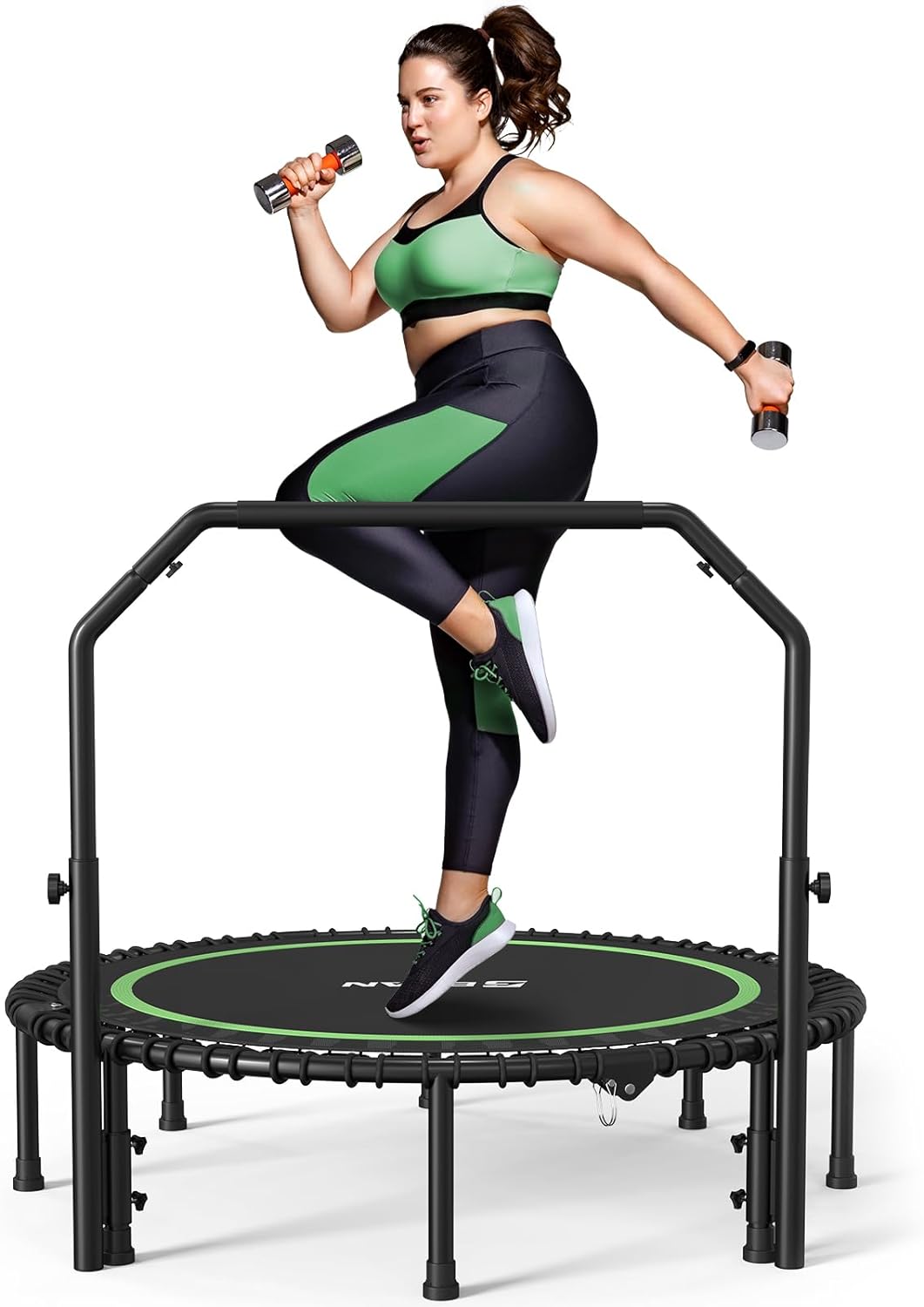 BCAN 450/550 LBS Foldable Mini Trampoline, 40"/48"/50" Fitness Trampoline with Bungees, U/T Shape Adjustable Foam Handle, Stable &amp; Quiet Exercise Rebounder for Kids Adults Indoor/Garden Workout