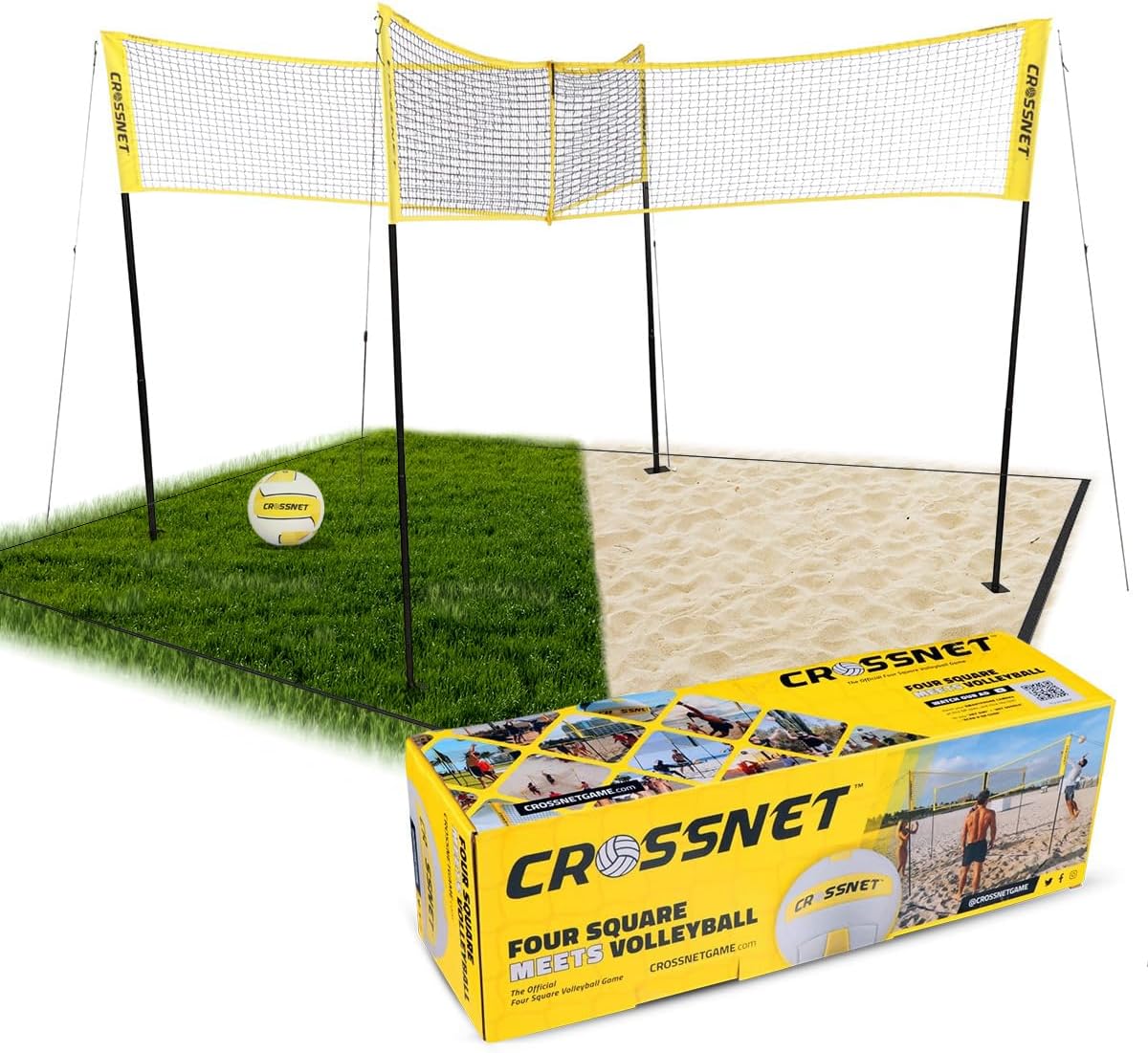 CROSSNET Quick Assemble 4 Square Volleyball Game Set for Adults and Kids with Volleyball Net, Backpack and Ball for Outdoor Games